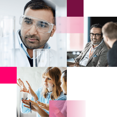 Top left image - Man looking at laboratory samples. Top right image - men talking. Bottom image - colleagues problem solving at computer together