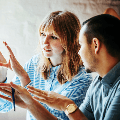 A male and a female employee white boarding Clario rescue studies